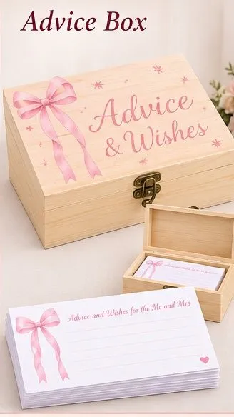 Wooden Advice and Wishes box with a pink bow and a stack of advice cards