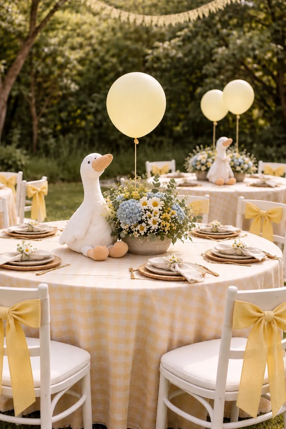 Round garden table with yellow gingham linen, a daisy and hydrangea centerpiece