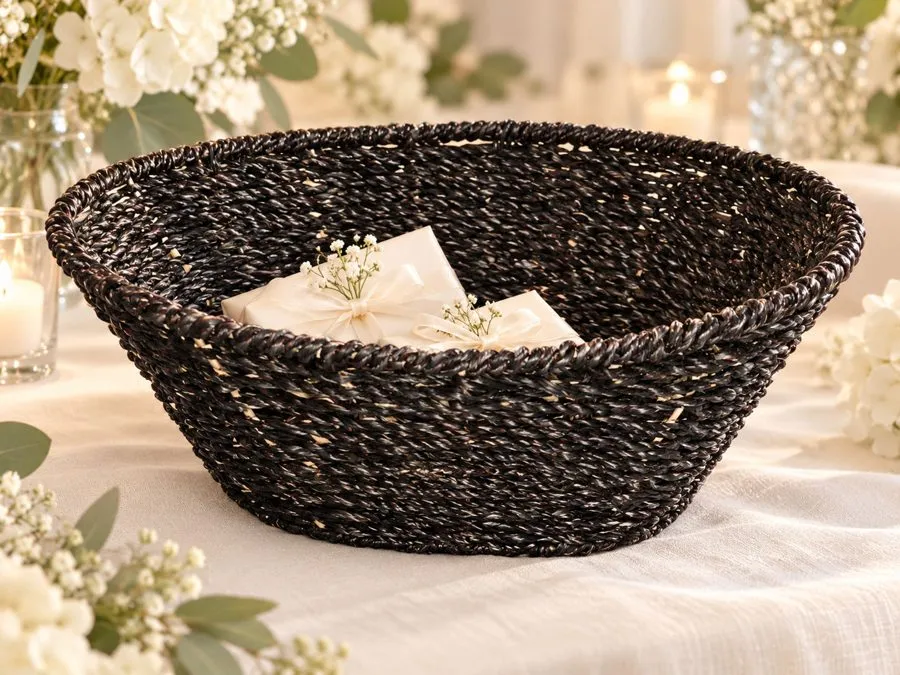Black shallow woven basket for gifts and favors
