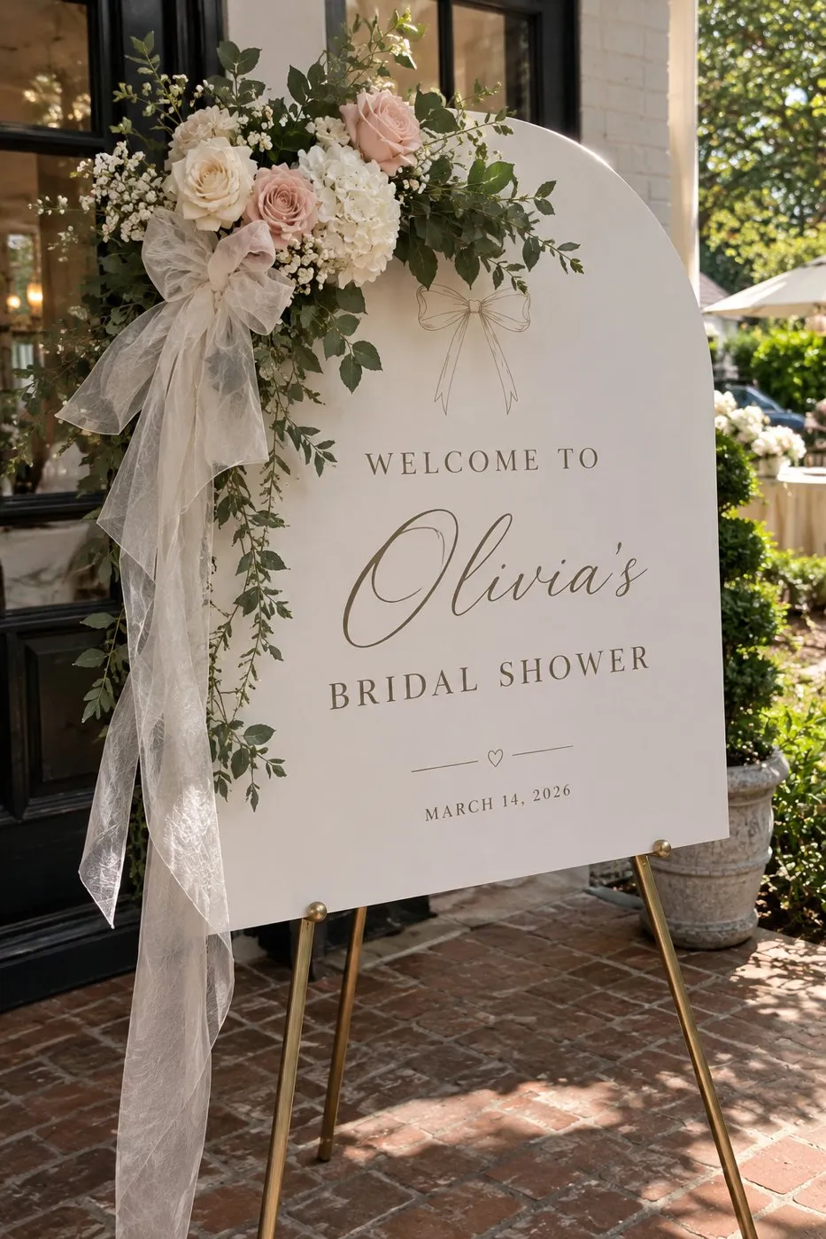 Arched bridal shower welcome sign with blush roses and a sheer ribbon bow