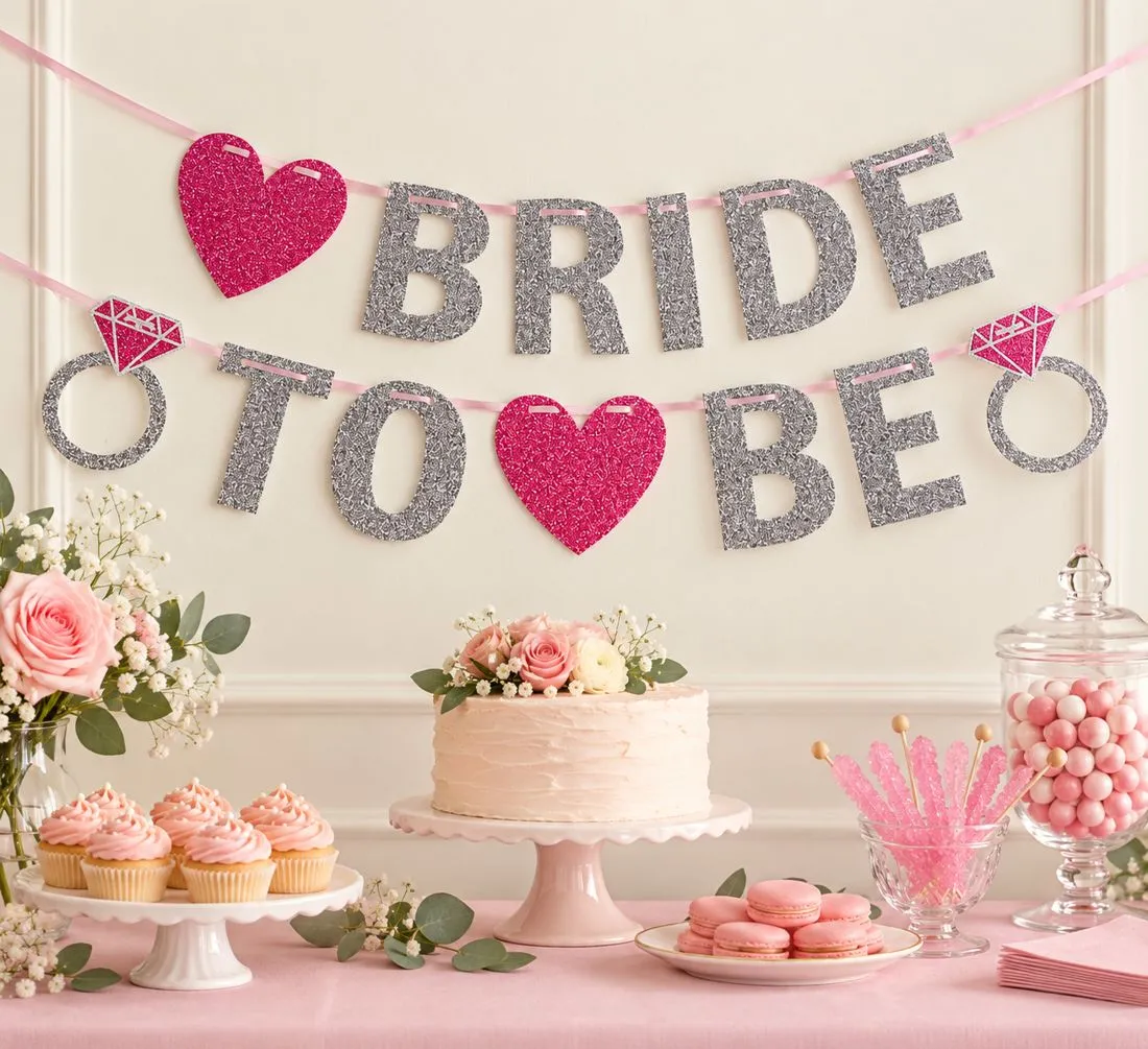 Silver glitter Bride To Be banner with pink hearts above a cake and dessert table