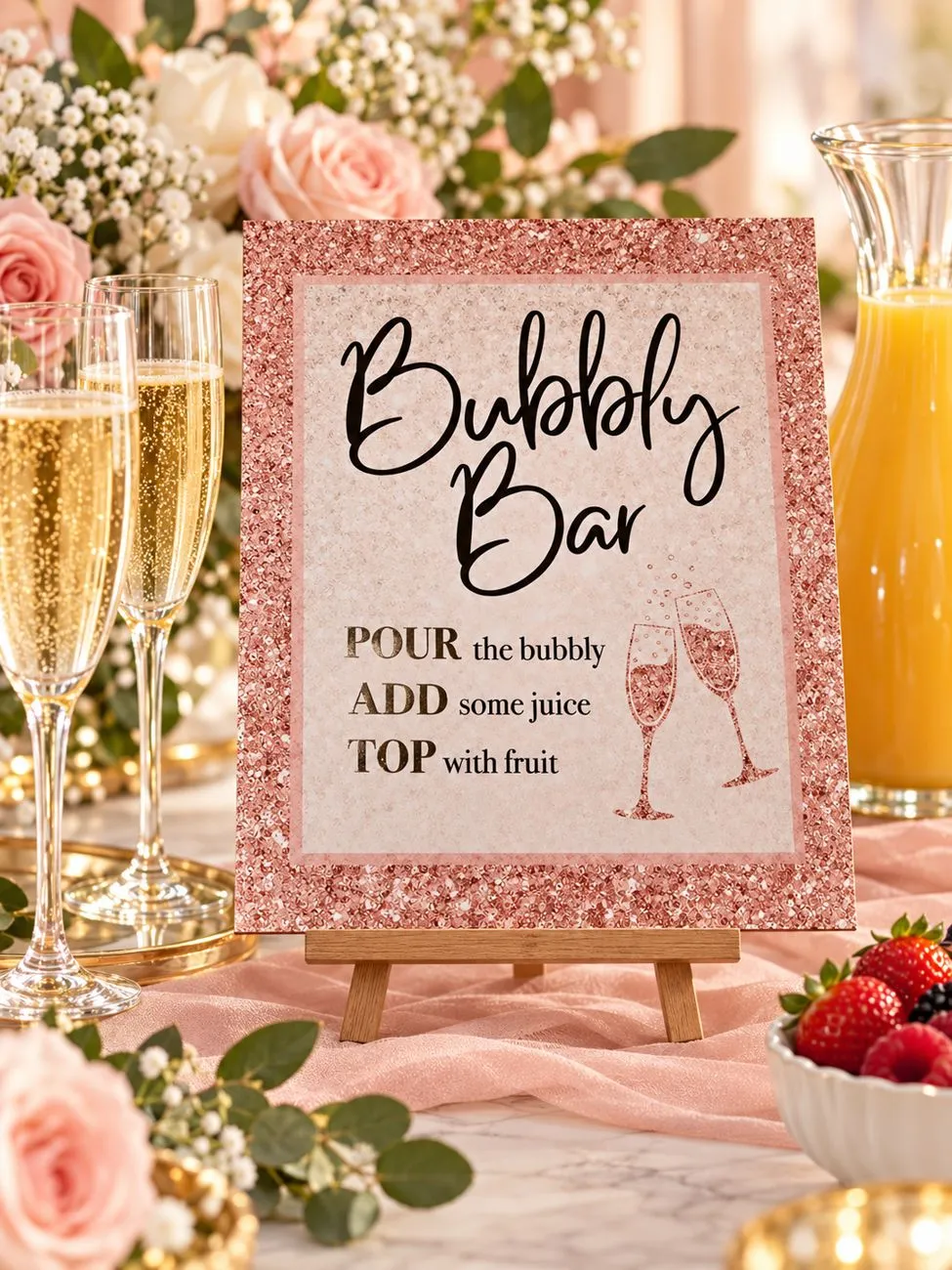 Rose gold Bubbly Bar sign on an easel between champagne glasses