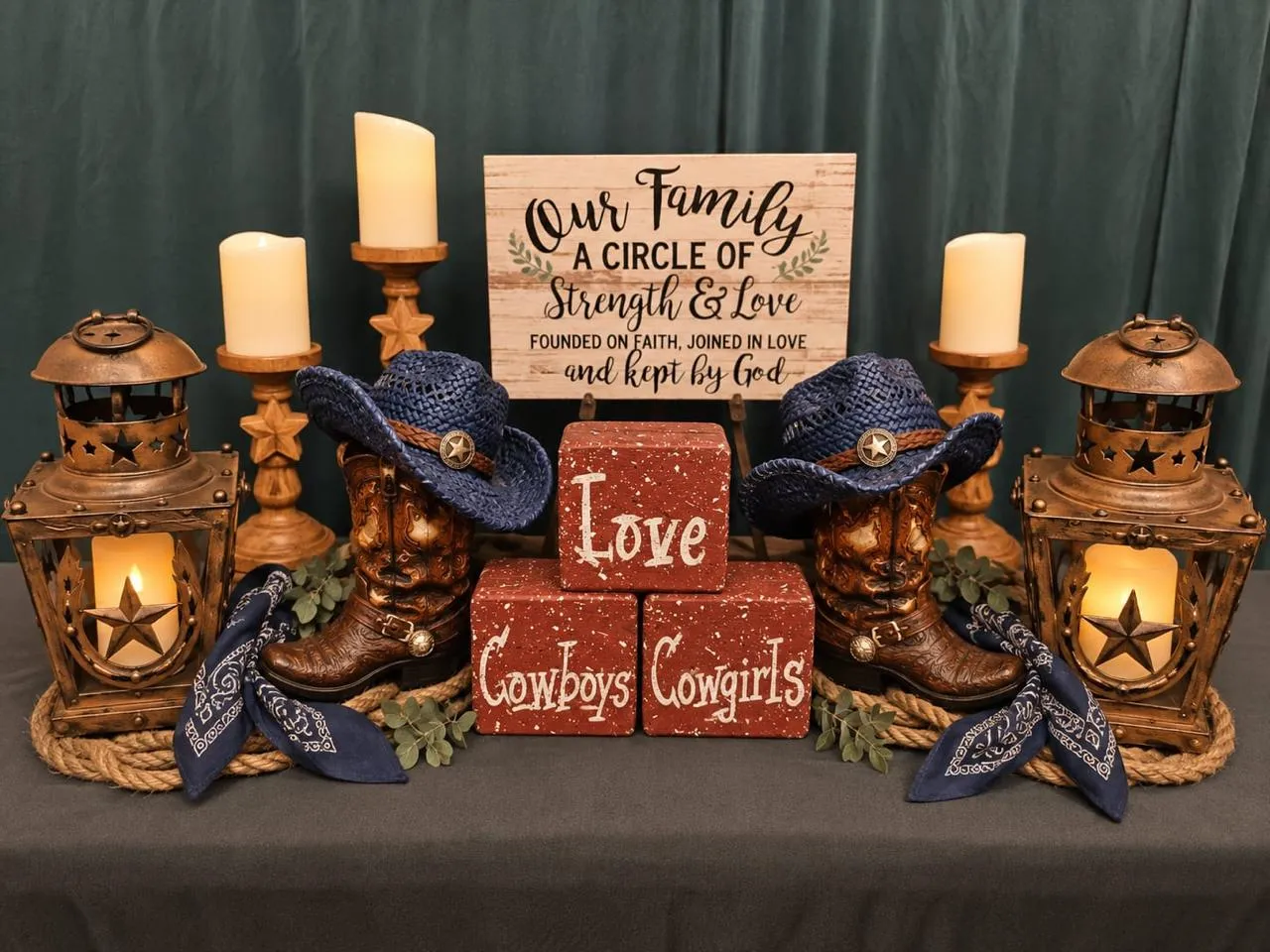Western tablescape with copper lanterns, cowboy boots and hats styled by Oak & Lace