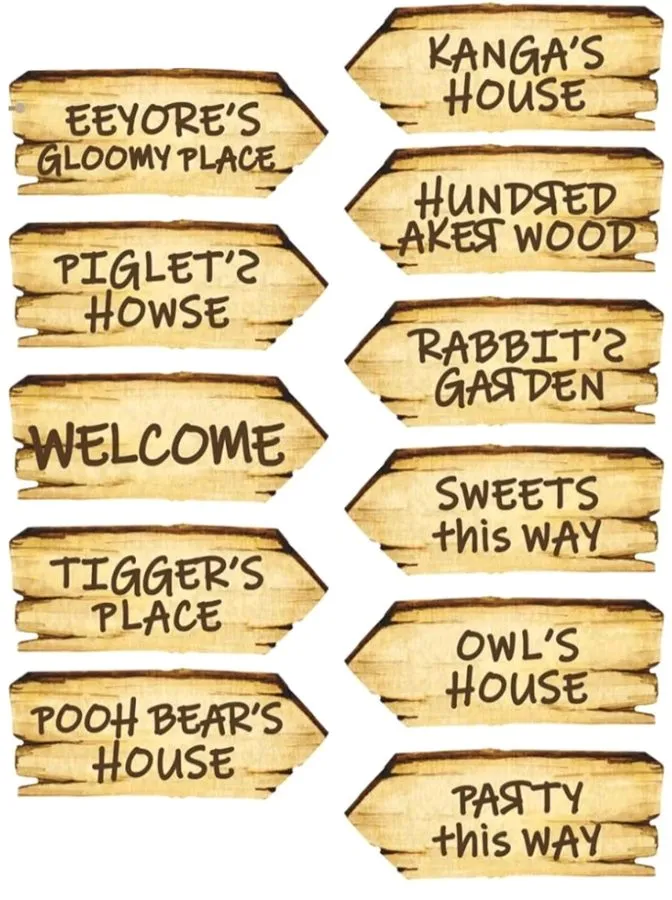 Wooden arrow signs such as Welcome, Rabbit's Garden and Owl's House