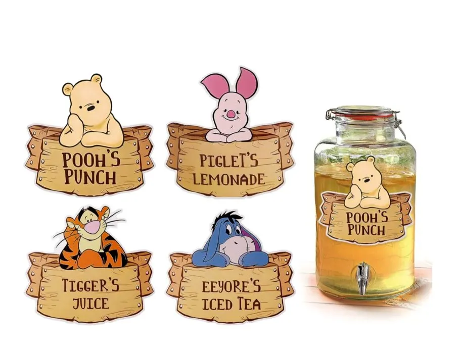 Pooh, Piglet, Tigger and Eeyore drink labels and a drink dispenser