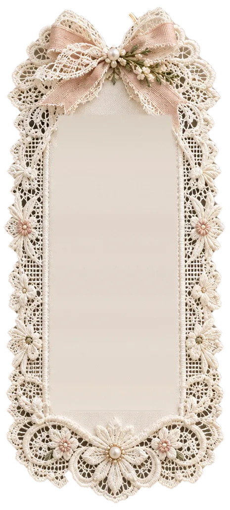 Lace-trimmed package tag with a ribbon bow