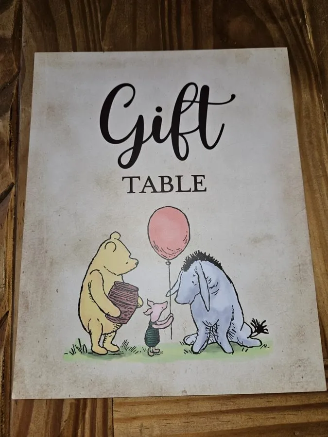 Gift Table sign with Pooh, Eeyore and a red balloon