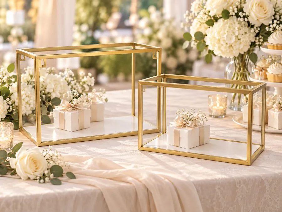 Gold open-frame tabletop display boxes with white bases