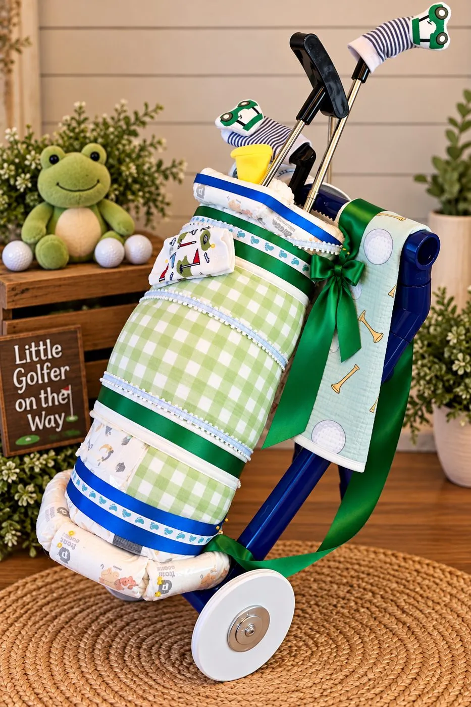 Diaper cake shaped like a golf bag with green gingham, ribbons and a frog plush