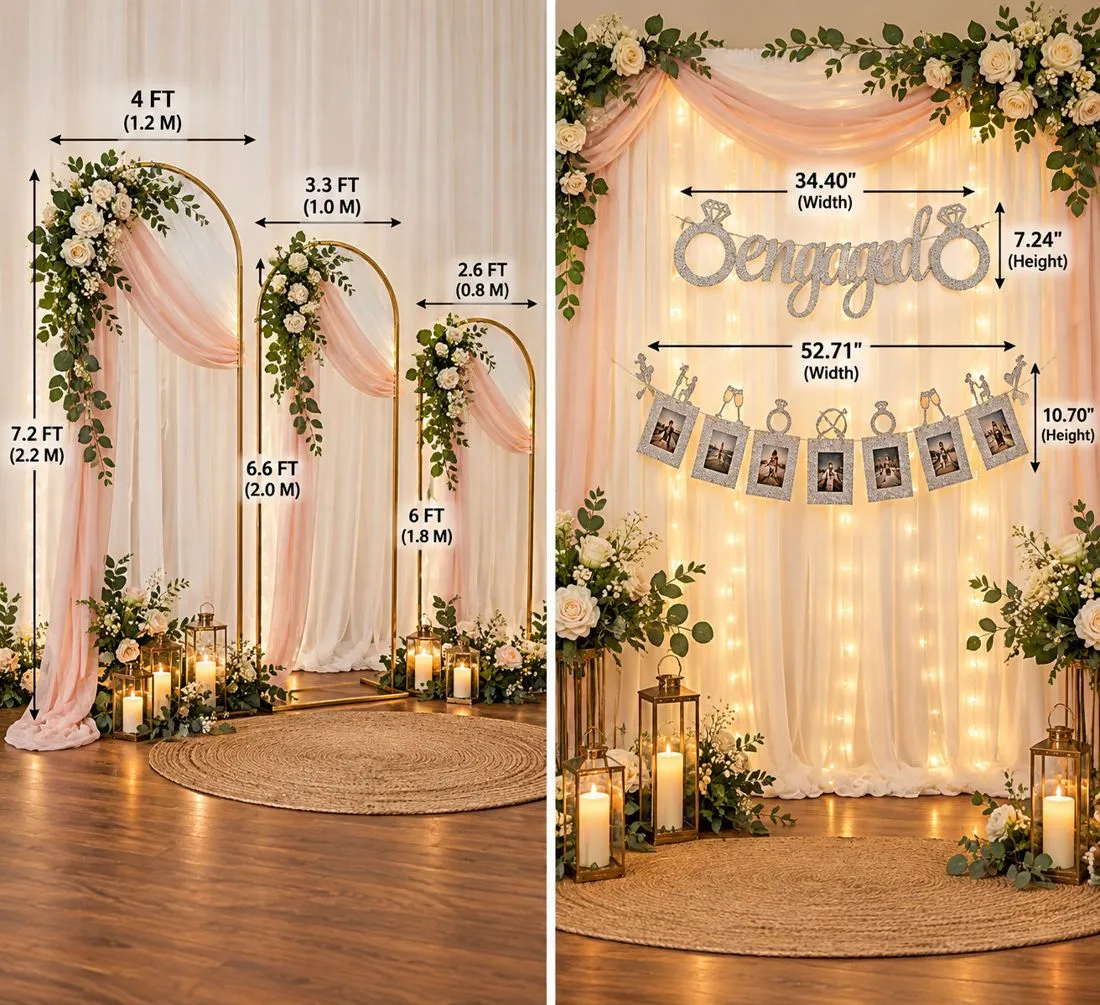 Gold arches with sheer drapes, greenery and candle lanterns, plus an Engaged banner
