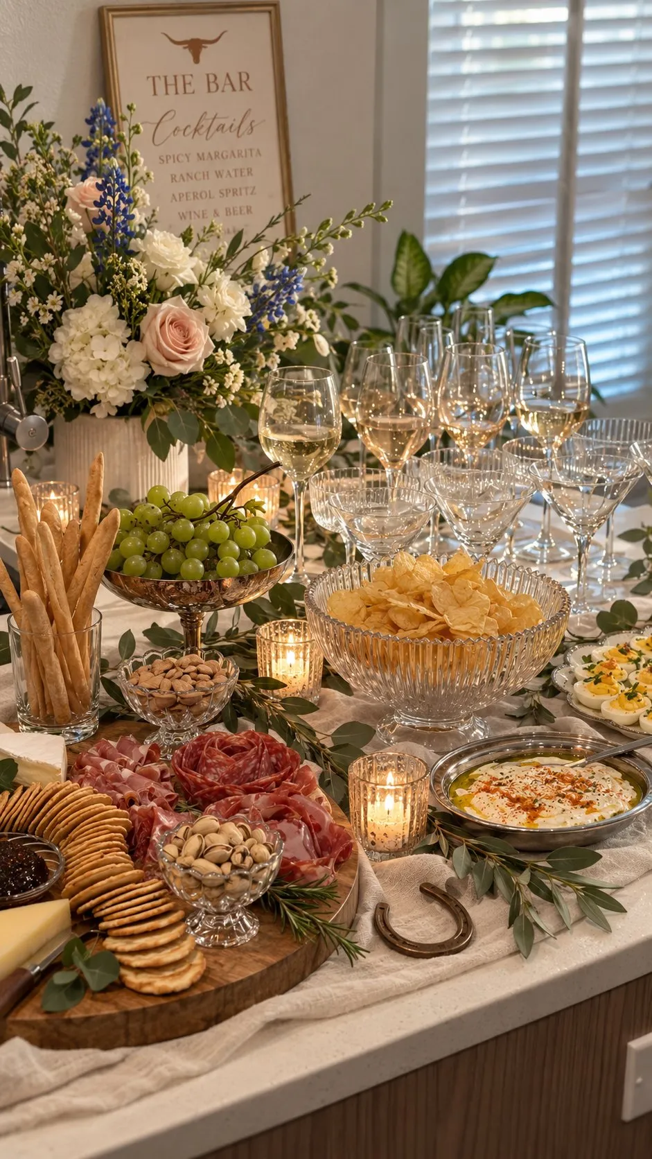 Styled party table with florals, candles, glassware and a grazing board