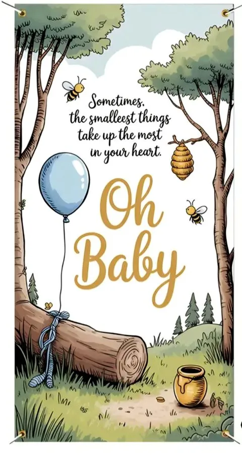 Oh Baby vertical banner with Winnie the Pooh and a log