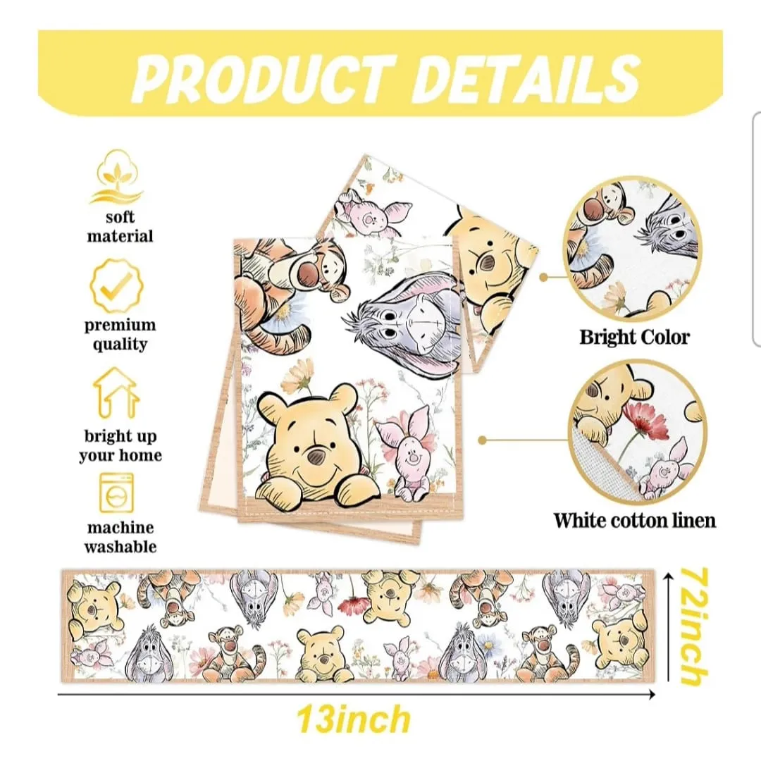 Winnie the Pooh table runner with Pooh, Piglet, Tigger and Eeyore among wildflowers, shown in white cotton linen