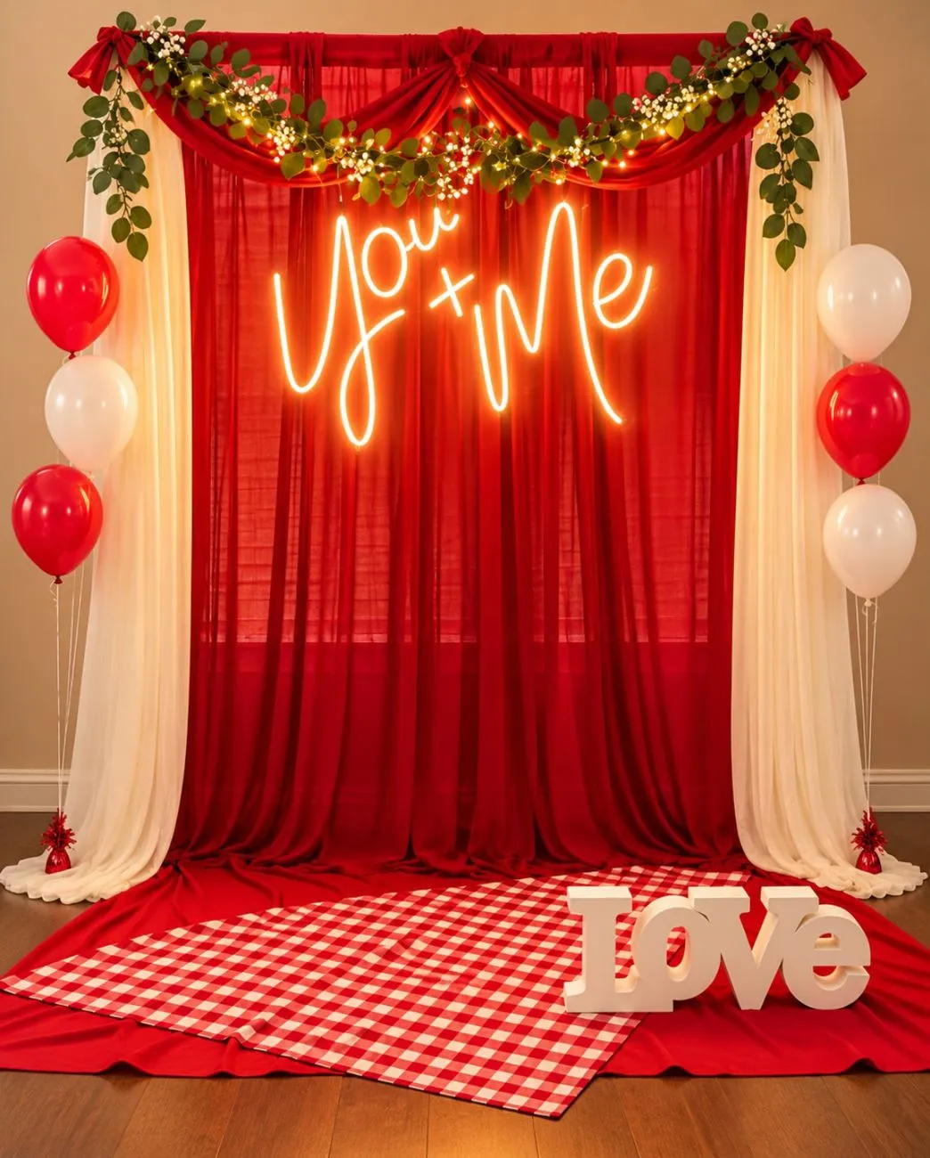 Red and ivory curtain backdrop with a glowing You and Me sign and balloons